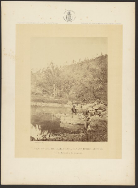 Timothy H. O'Sullivan, View on Apache Lake, Sierra Blanca Range, Arizona. Two Apache Scouts in the Foreground.