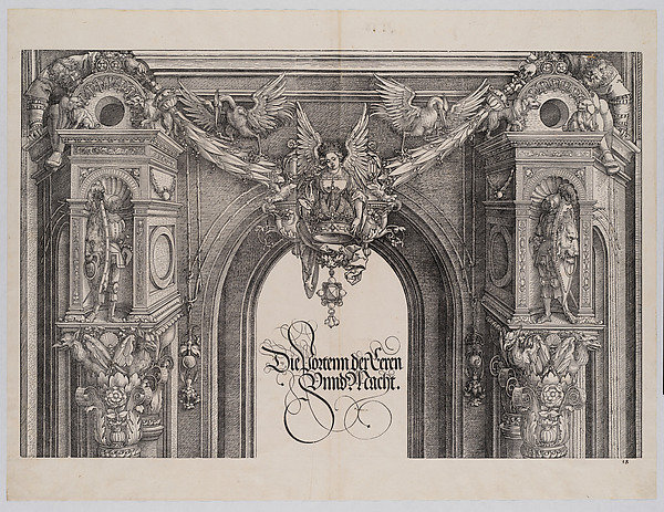 Albrecht Dürer, The Upper Section of the Entryway to the Central Portal with a Winged Figure Holding the Imperial Crown, from the Arch of Honor, proof, dated 1515, printed 1517-18