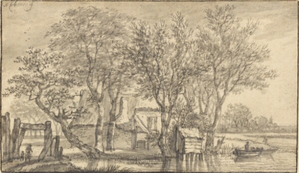 Adriaen Hendriksz. Verboom, A Cottage Hidden Among Trees on a Riverbank