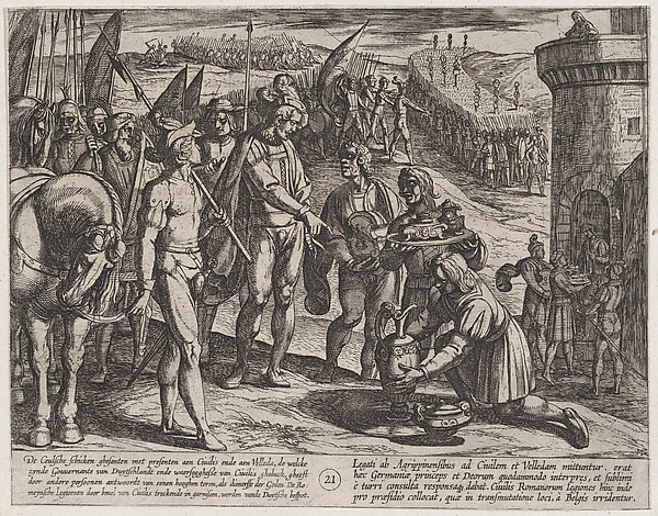 Antonio Tempesta, Plate 21: Envoys from Cologne Bring Presents to Civilis, from "The War of the Romans Against the Batavians" (Romanorvm et Batavorvm societas)