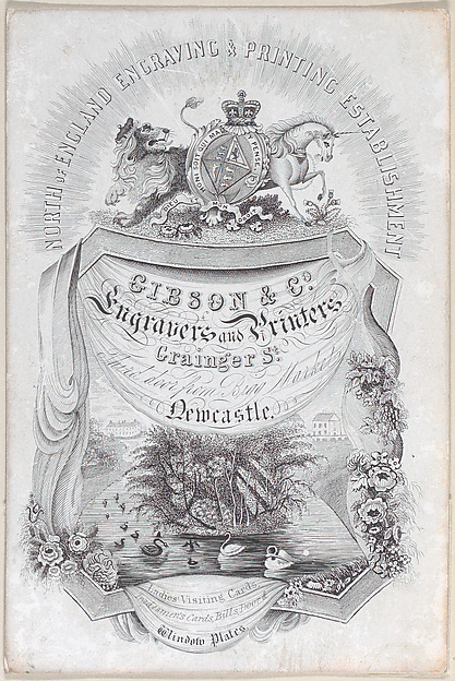 Anonymous, British, 19th century, Trade card for North of England Engraving & Printing Establisment, Gibson & co., engravers and printers