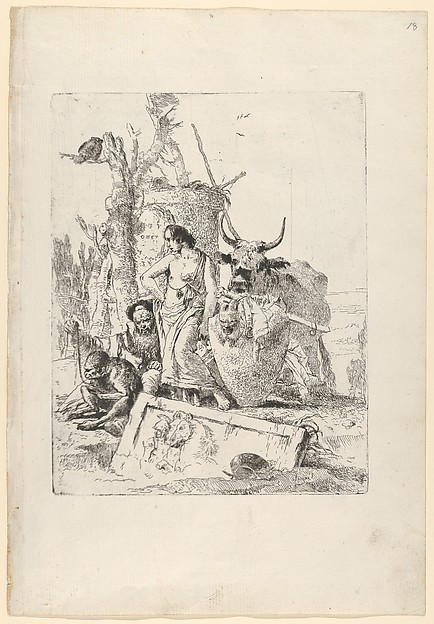 Giovanni Battista Tiepolo, Young shepherdess and old man with a monkey, from the Scherzi