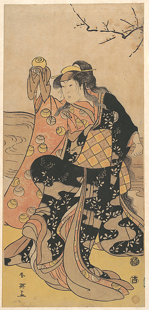 Katsukawa Shun'ei 勝川春英, The Fourth Iwai Hanshiro as a Woman Holding a Crystal Ball and Dancing on the Bank of a Stream
