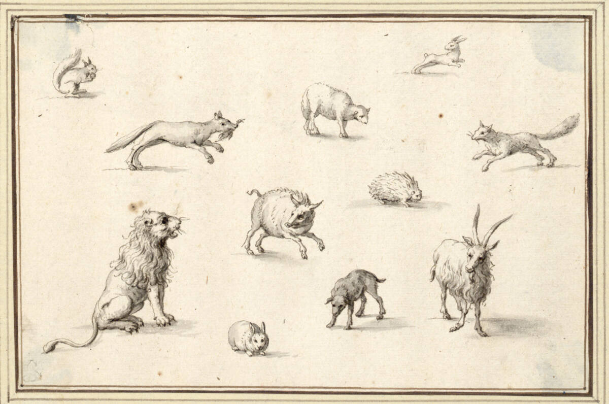 AlbertFlamen, Studienblatt mit elf Tieren (Eichhorn, sitzender Löwe u.a.m.) (V-21)
