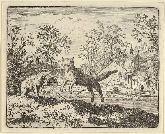 Allart van Everdingen, The Badger Imposes as Punishment to Jump Three Times Over a Stick on the Ground from Hendrick van Alcmar's Renard The Fox