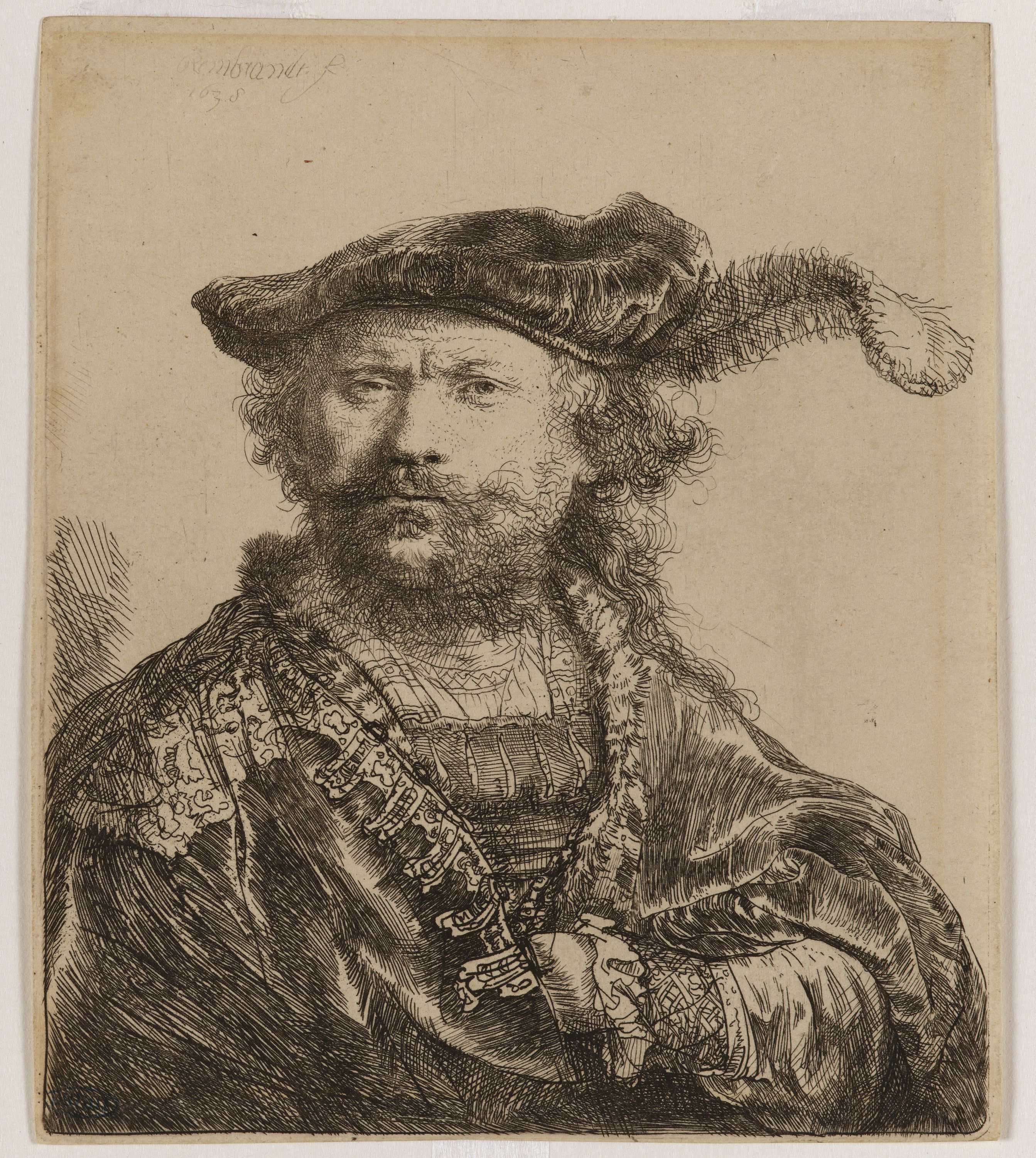 Rembrandt, Rembrandt au béret orné d'une plume (Bartsch 20)