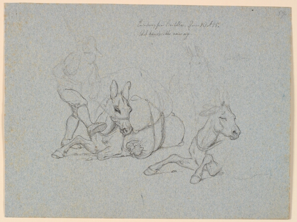 Johan Thomas Lundbye, Liggende æsel, der piskes og sparkes af en fører. T.h. to studier af et liggende og et stående æsel