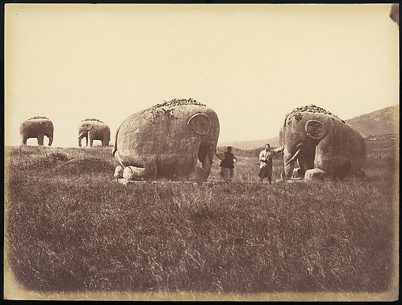 Unknown, [Two Men by Monumental Elephant Statues, China]
