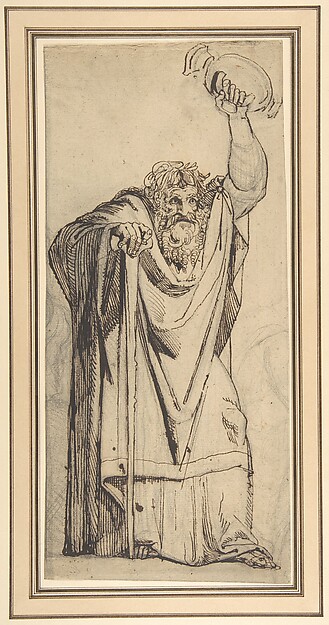 Henry Fuseli, Study for the Prophet Jeremiah (recto); Studies of a Horse Seen from Below and of a Man Seated on a Chair, Probably a Self-Portrait and an Off-Print in Brown Ink of a Nude Female Abdomen and Legs (verso)