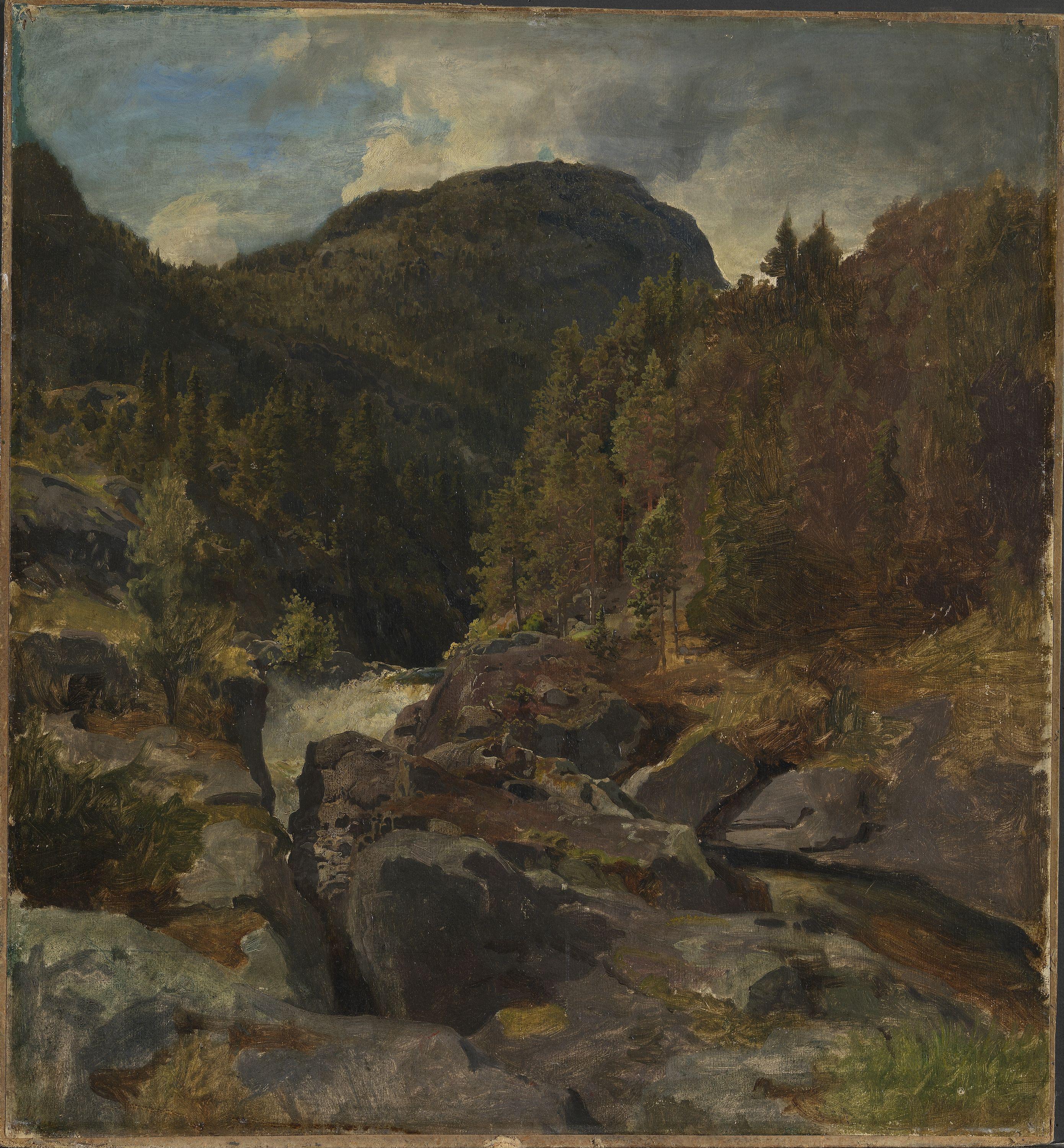 Hans Gude, Landscape with Waterfall