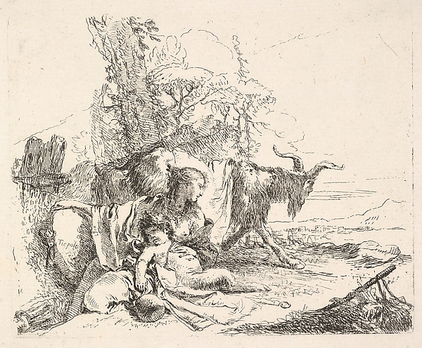 Giovanni Battista Tiepolo, Woman and infant satyr in a landscape, the woman twisting to look over her left shoulder, a horned goat striding toward the background, from "The Capricci"