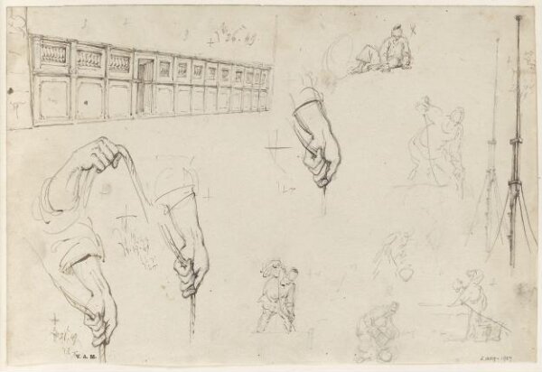 George Chinnery, A balustrade, and hands of figures pulling on a rope