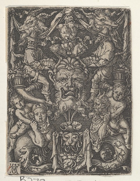 Heinrich Aldegrever, Panel with Grotesque Candelabrum Containing a Mask, a Couple of Tritons and Two Children