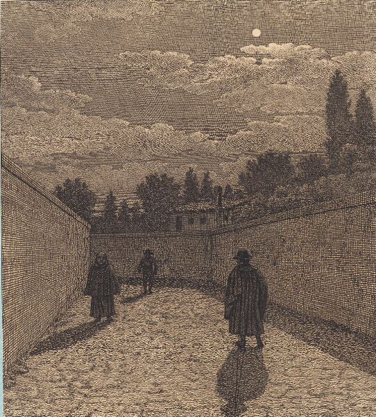 C.W. Eckersberg, Måneskin over en vej med tre figurer. Illustration til "Linearperspectiven", Tavle IV