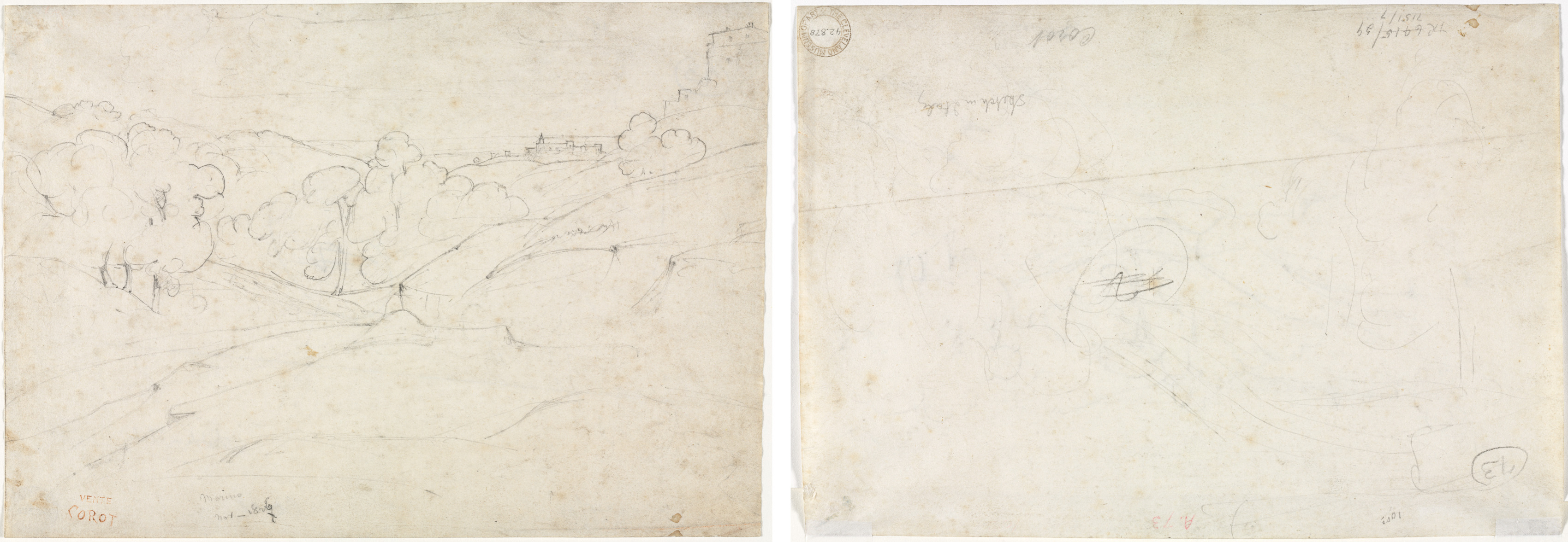 Jean Baptiste Camille Corot, View of Marino (recto); Sketch for a Landscape (verso)