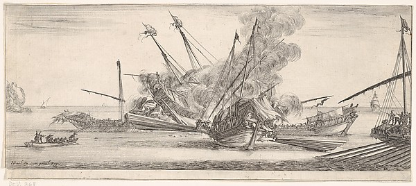 Stefano della Bella, Naval combat, a ship at center, seen from behind, firing at four enemy ships, another ship entering from the right, a rowboat with nine people to left, from "Peace and War" (Divers desseins tant pour la paix que pour la guerre)
