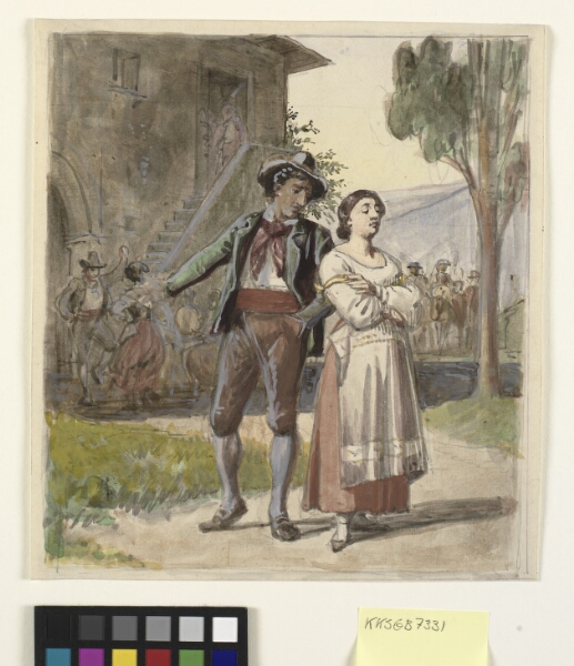 Wilhelm Marstrand, Ungt par, der er uenige, i baggrunden dansende foran et hus
