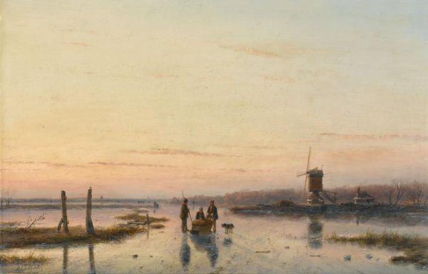 Andreas Schelfhout, Windmill beside a frozen river