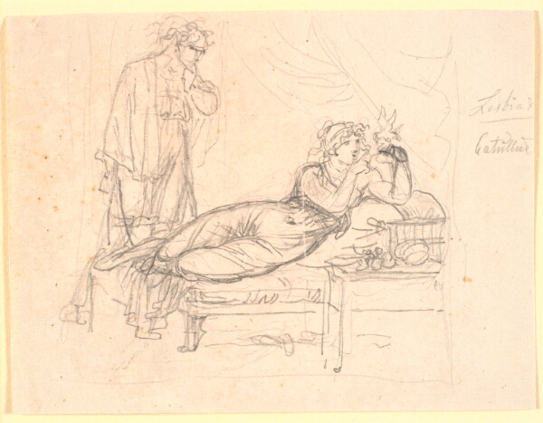 Nicolai Abildgaard, Lesbia og Catullus. Lesbia ligger, holdende en fugl på venstre hånd. Catullus står bagved