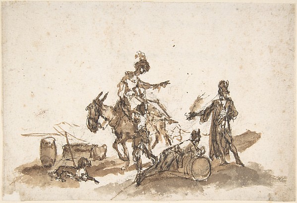 Giuseppe Bernardino Bison, Man Assisting a Woman to Mount a Horse, with Two Other Figures and a Dog