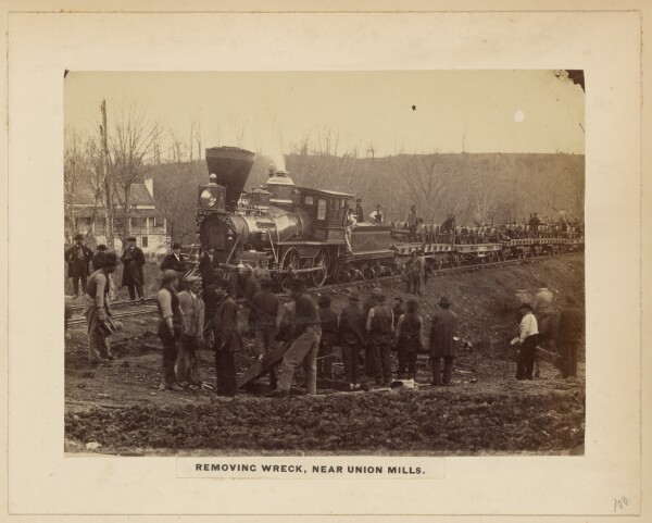 A. J. Russell, Removing Wreck near Union Mills. [April 1863].