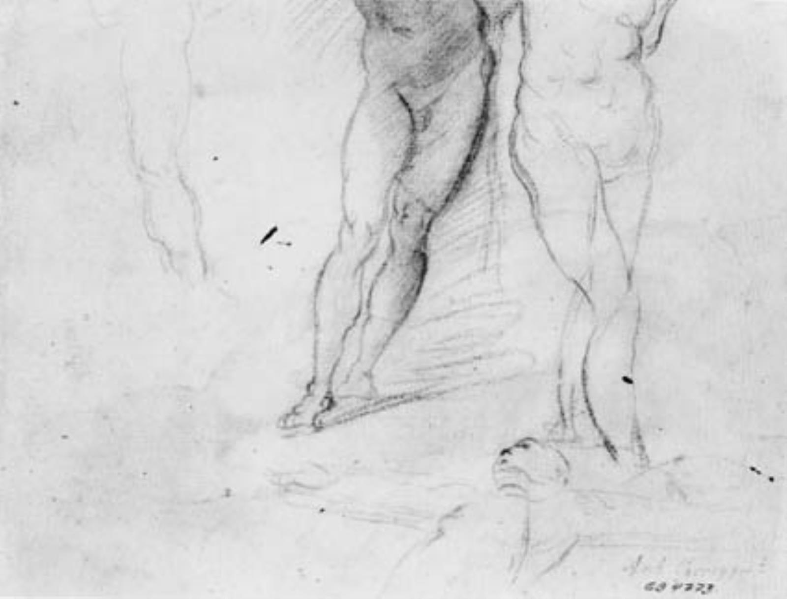 Federico Barocci, To studier til den nedre del af en bagbunden mand, et studie af en mands ben og den øvre del af en mand naglet til et kors liggende på jorden