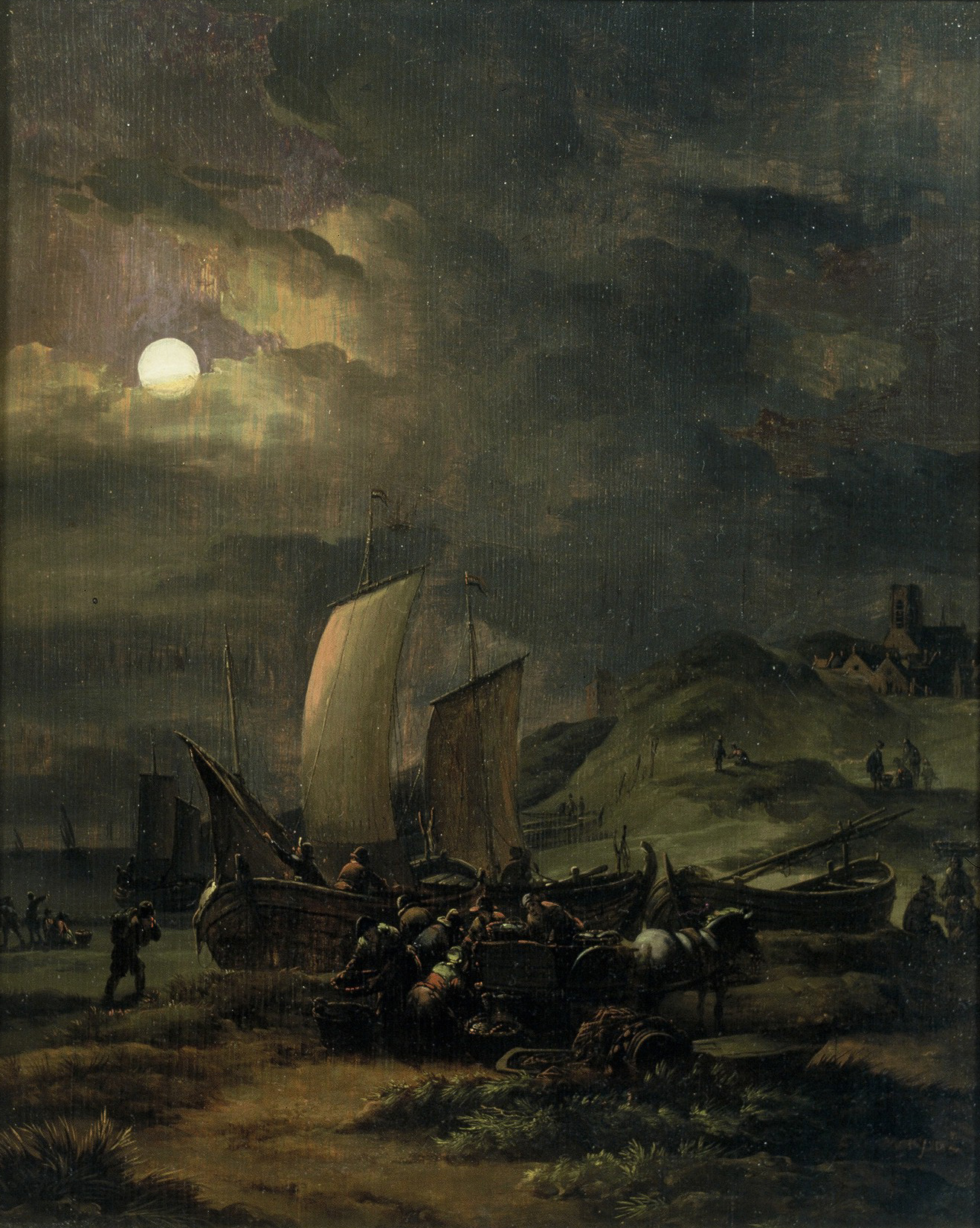 Egbert van der Poel, Strand met vissersboten bij nacht
