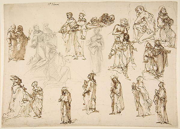 Francesco Vanni, Figure Studies: Standing and Kneeling Clerics and Religious, Adam and Eve, and a Reclining Skeleton