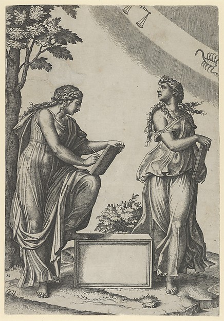 Marcantonio Raimondi, Two women of the zodiac standing beneath the signs of Libra and Scorpio