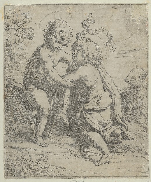 Guido Reni, The young Saint John the Baptist kneeling before the young Christ who embraces him, a lamb at right