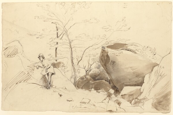 Jean-Baptiste-Camille Corot, Fontainebleau, Figure Leaning Against a Rock