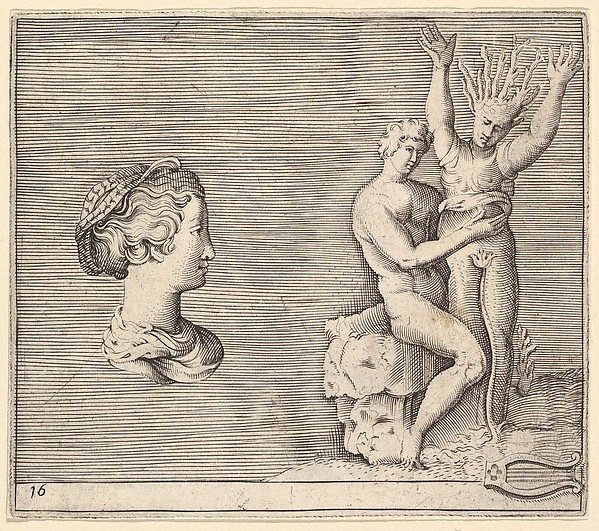 Anonymous, Italian, 16th century, Head of Woman in Profile; Apollo and Daphne, from "Ex Antiquis Cameorum et Gemmae Delineata/ Liber Secundus/et ab Enea Vico Parmen Incis"