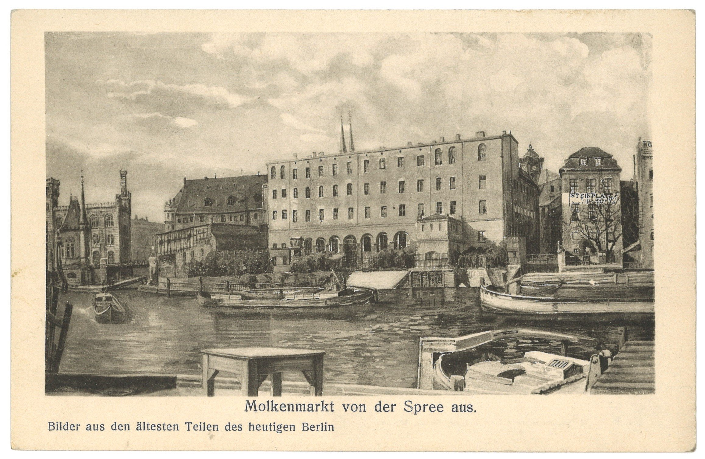 Hofkunstanstalt Albert Frisch, Berlin-Mitte: Spreeufer zwischen Mühlendamm und Krögel (Aquarell von Johannes Zuckert)