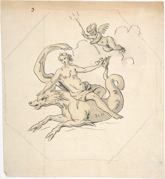 Anonymous, French, 18th century, Ceiling Design of a Nereid Mounted on a Hippocamp with Putto