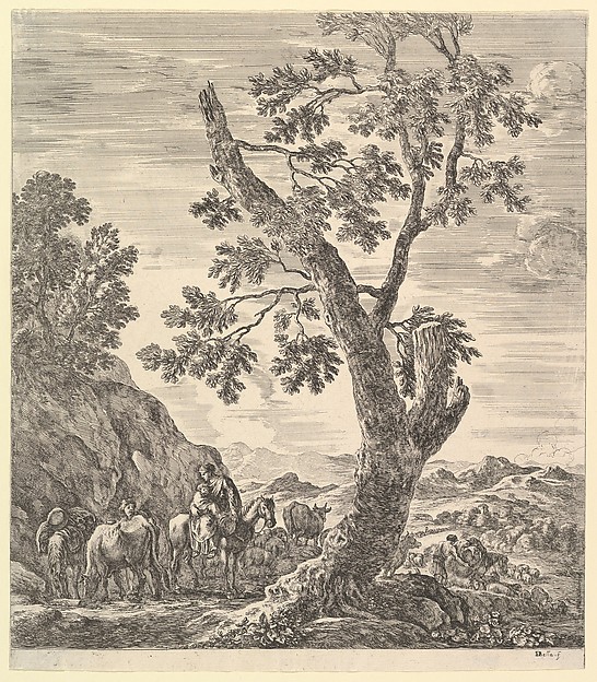 Stefano della Bella, A shepherd with two horses and a peasant woman on horseback with a child in her arms to left, a large tree in center, from "Six large views, four of Rome and two of the Roman countryside" (Six grandes vues, dont quatre de Rome et deux de la Campagne romaine)