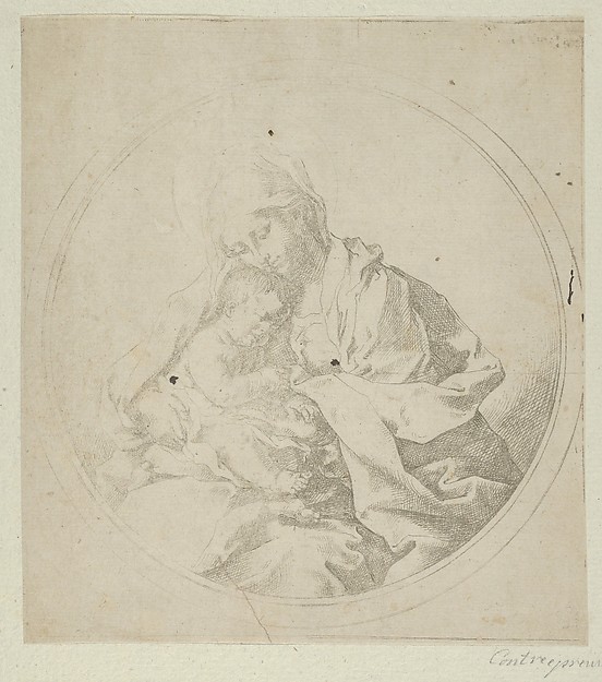 Guido Reni, The Virgin holding the infant Christ, a circular composition, counterproof