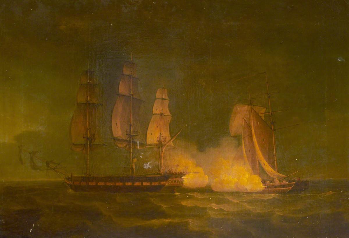 Thomas Whitcombe, 'Hibernia' beating off the privateer 'Comet', 10 January 1814: on quarter