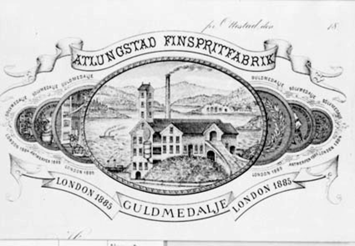 Anno Domkirkeodden, FIRMAHEADING FRA ATLUNGSTAD FINSPRITFABRIKK, LOGO, ATLUNGSTAD BRÆNDERI, ATLUNGSTAD BRENNERI
