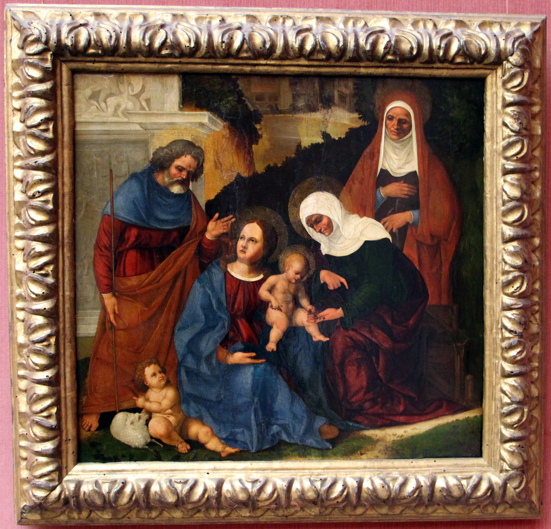 Ludovico Mazzolino, Die Heilige Familie mit Elisabeth, Anna und dem Johannesknaben