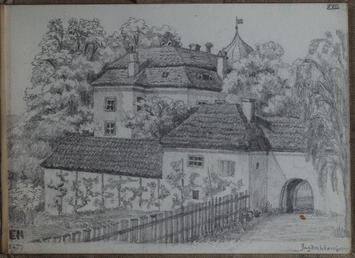 Ernst Morgenstern, Berlin-Dahlem: Jagdschloss Grunewald von Südwesten (Skizzenbuch Ernst Morgenstern, Bl. XVIII)