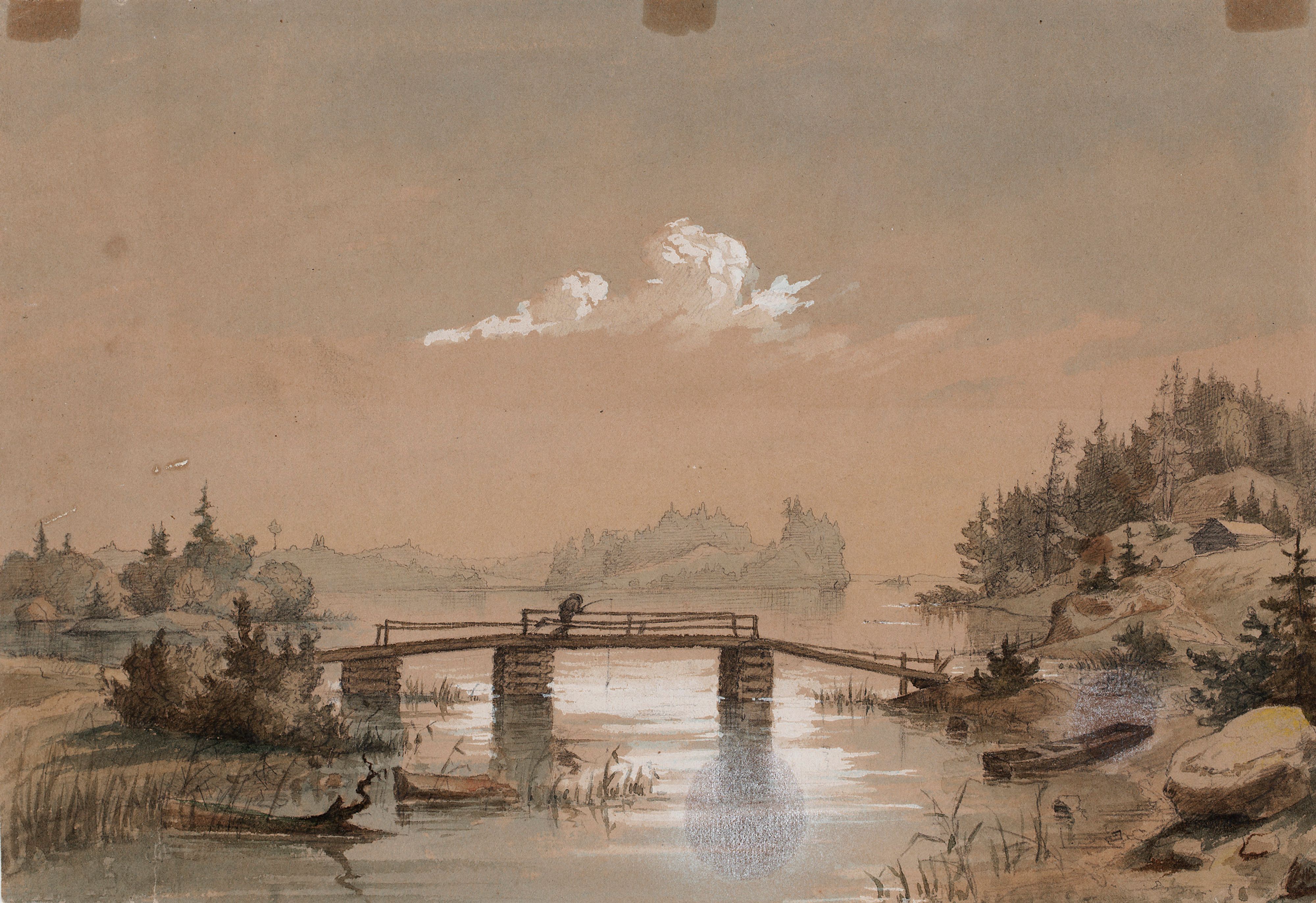 Werner Holmberg, Lake Landscape, Man Angling on a Bridge