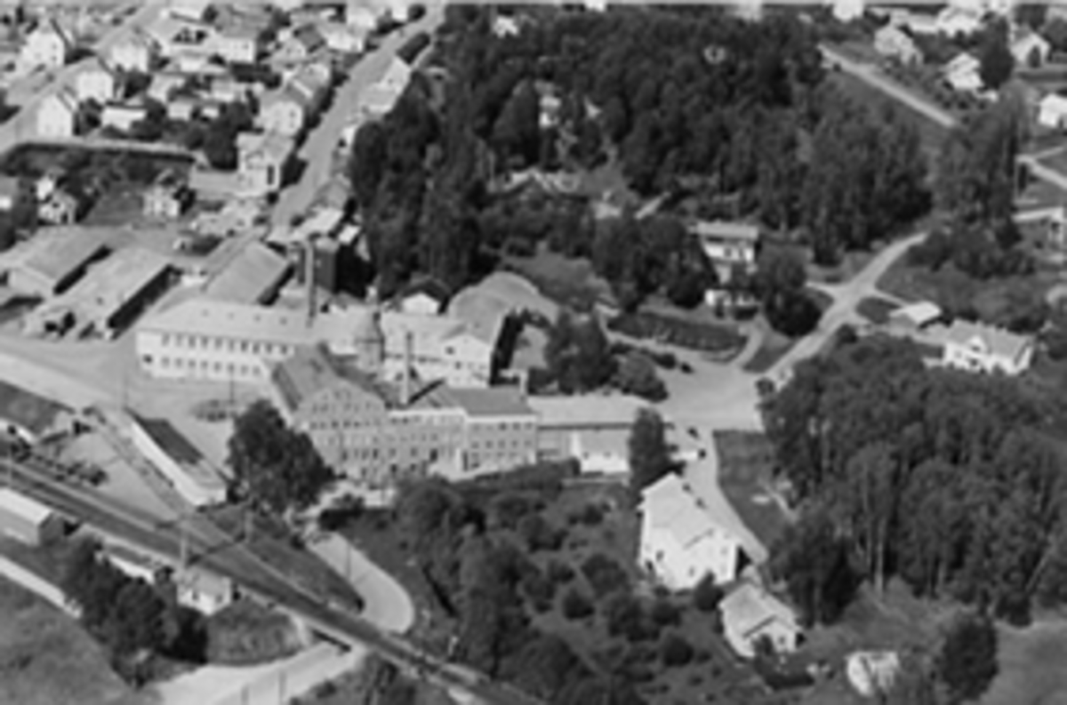 Widerøes Flyveselskap A/S, Flyfoto av Brumunddal med potetmelfabrikken, Kvernenga og Raustua.