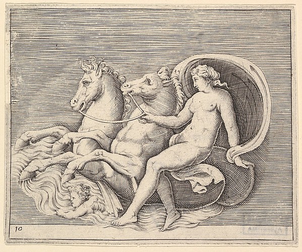 Anonymous, Italian, 16th century, Female Nude with Two Seahorses, from "Ex Antiquis Cameorum et Gemmae Delineata/ Liber Secundus/et ab Enea Vico Parmen Incis"
