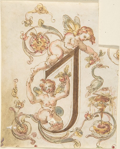 Anonymous, Italian, 16th century, Decorative Letter "I" with Putti (Embroidery Design?)