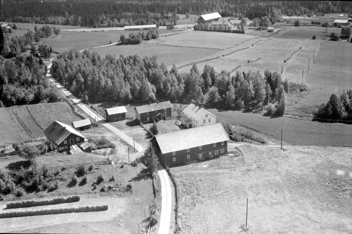 Widerøes Flyveselskap A/S, Flyfoto, gården Gjørsli, Gjørslie, Vang gnr 37. Garden ligger i Veståsen. I bakgrunnen på bildet sees Østre Skjeset gnr. 39