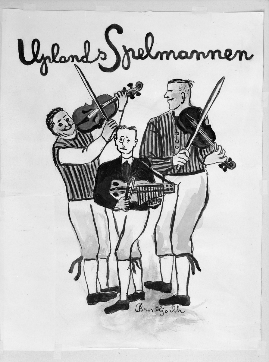Paul Sandberg, Spelmännen "Viksta-Lasse" Leonard Larsson, August Bohlin och Johan Olsson avbildade på teckning signerad Bror Hjorth för Uplands Spelmannen 1947