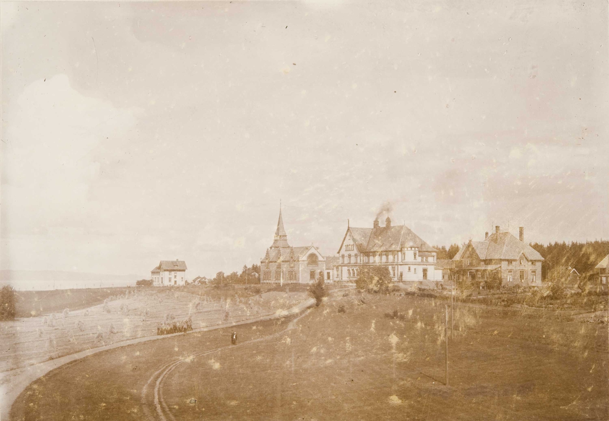 Berg & Høeg, Oversiktsbilde av Bastøy skolehjem, Bastøya, ca. 1903. Administrasjonsbygninger, bestyrerbolig og internatbygning.