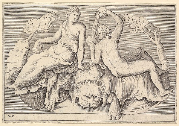 Anonymous, Italian, 16th century, Woman and Man Seated on Lionskin, Man Pouring Wine, from "Ex Antiquis Cameorum et Gemmae Delineata/ Liber Secundus/et ab Enea Vico Parmen Incis"