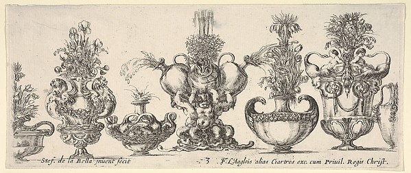 Stefano della Bella, Seven vases, the vase in the middle formed by three infants, each holding an ewer, plate 3 from "Collection of Various Vases" (Raccolta di Vasi Diversi)