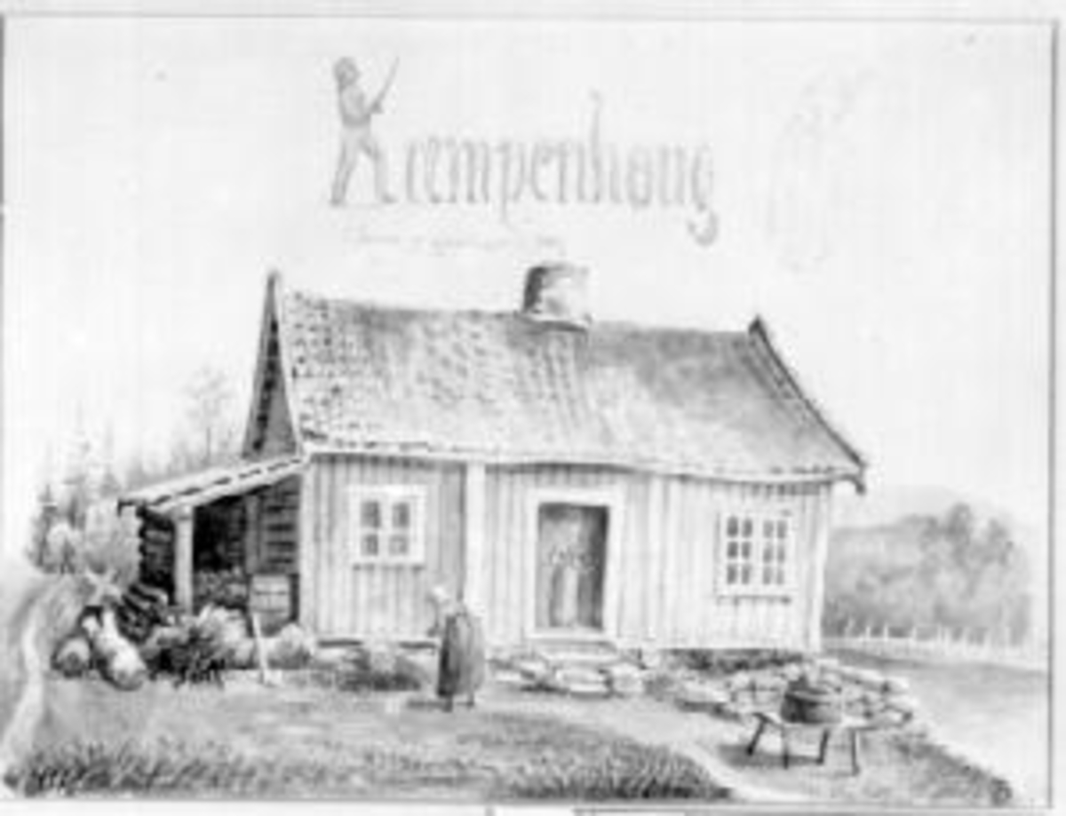 Anno Domkirkeodden, Husmannsplassen Kampenhaug under Grefsheim, Nes, Hedmark. Tegnet av Carl Fredrik Diriks (1814-1895).